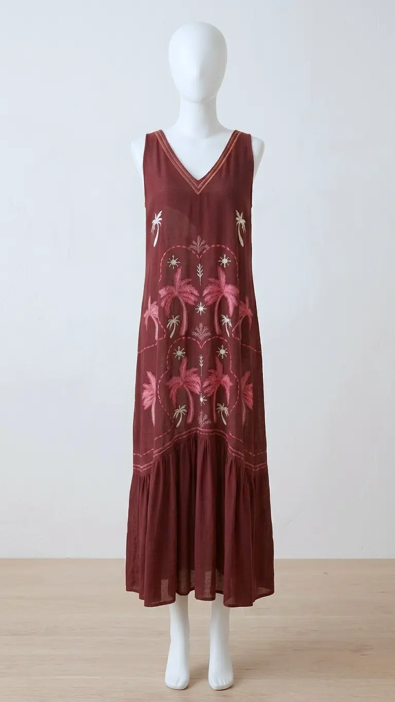 Vestido granate con palmeras rojas y blancas